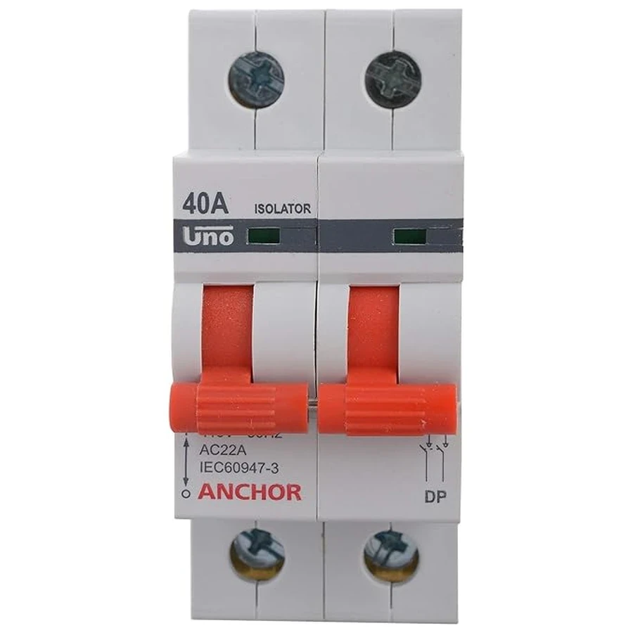 Anchor UNO DP Isolator Switch 40A 98055 - Double Pole, Panel Mount, High Current Main Switch for Circuit Isolation