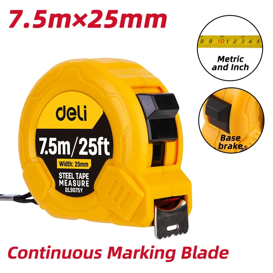 EDL9075Y Steel Measuring Tape 8m/26ft x 25mm - White Matte Abrasion-Resistant Blade, Auto-Correct Hook, High-Strength ABS Shell (Yellow Series)