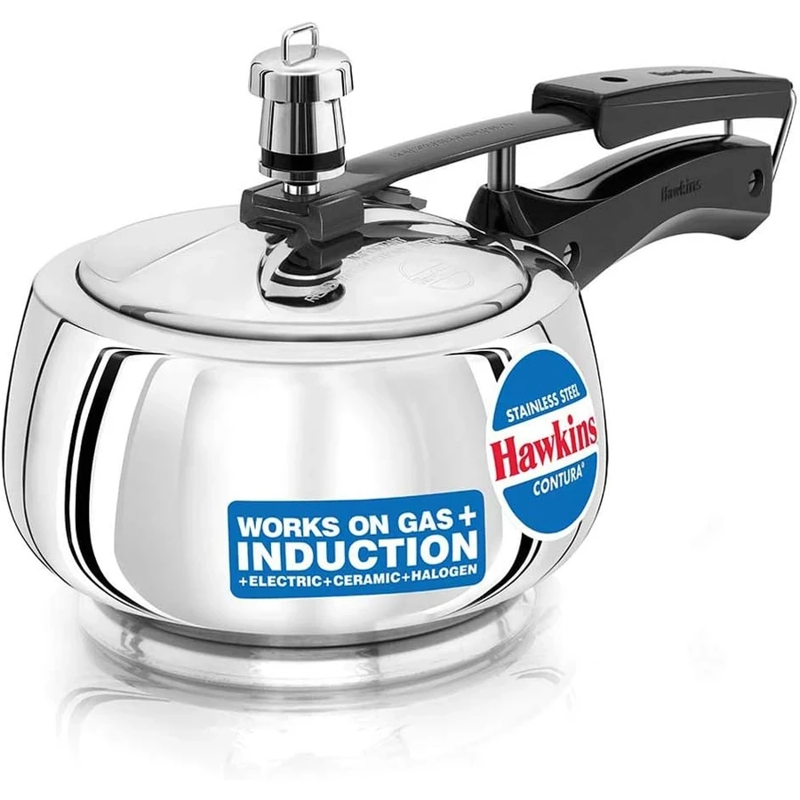 Hawkins SSC15 1.5L Stainless Steel Contura Pressure Cooker | 6.6mm Sandwich Bottom | Induction Compatible | Curved Body | Silver