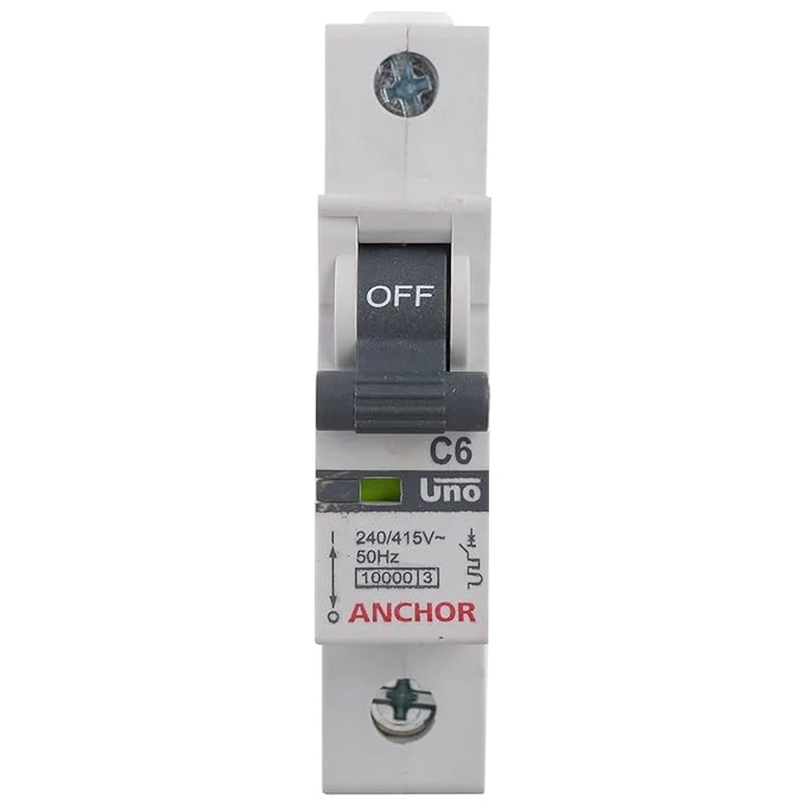 Anchor UNO SP MCB 6A 'C' Curve 98001 - Single Pole, DIN Rail Mount, Standard Circuit Breaker for Low-Current Circuits