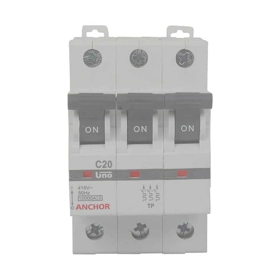 Anchor UNO TP MCB 20A 'C' Curve 98028 - Three Pole, Low Current Capacity, Wall Mount Standard Circuit Breaker