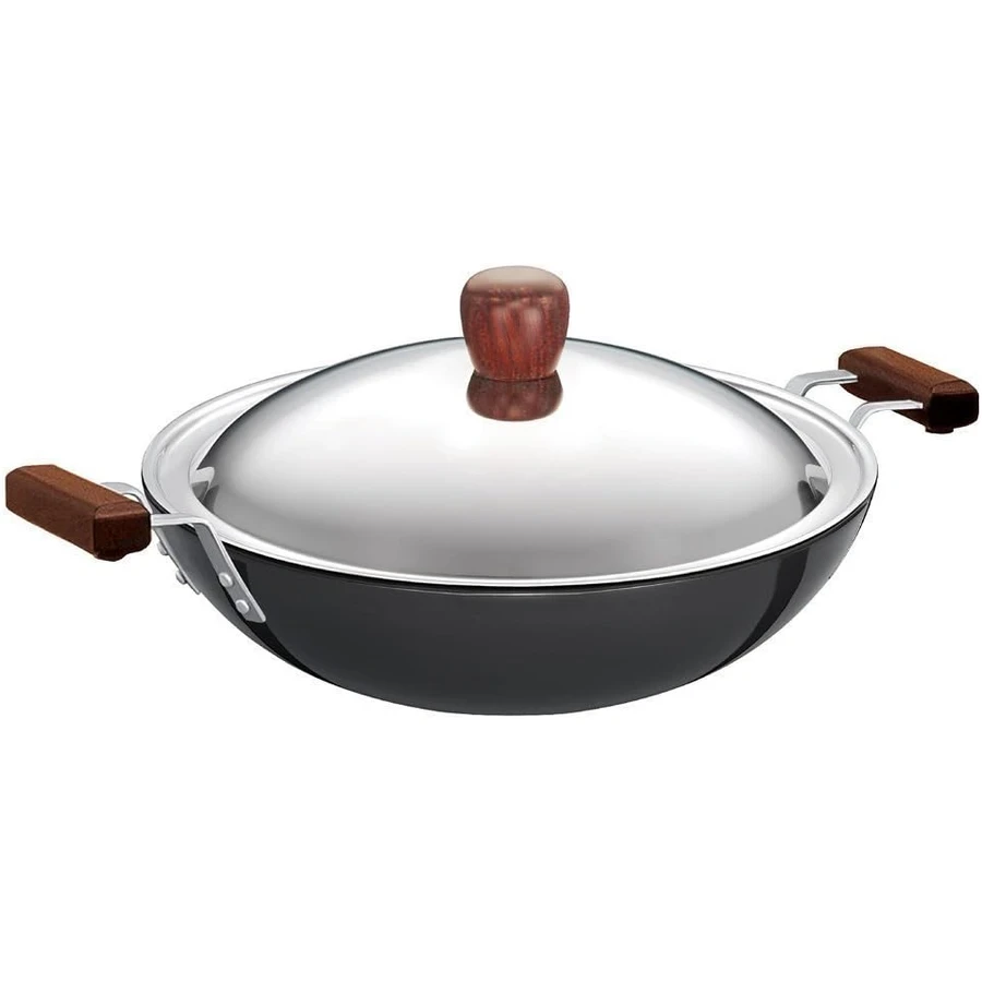 Hawkins AD375S 3.75L Hard Anodised Deep Fry Pan (Kadhai) | Flat Bottom | Stainless Steel Lid | Dual Stay-Cool Rosewood Handles | Black