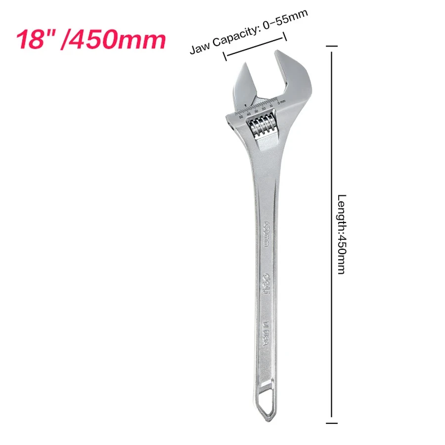 EDL018A Adjustable Spanner 18" - Heavy-Duty Carbon Steel, Chrome Plated, Laser-Etched Scale, Precision Knurl Mechanism (Silver)