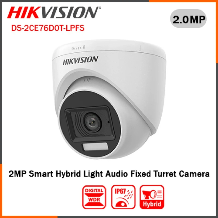 Hikvision 2MP Smart Hybrid Light Indoor Turret Camera | Built-in Mic | Audio Over Coax | F1.6 Aperture | DS-2CE76D0T-LPFS