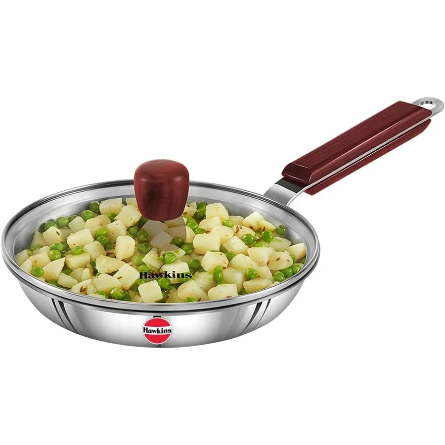 Hawkins SSF26G 26cm Tri-Ply Stainless Steel Frying Pan with Glass Lid | 3mm Extra Thick | Rosewood Handle | Induction & Gas Compatible