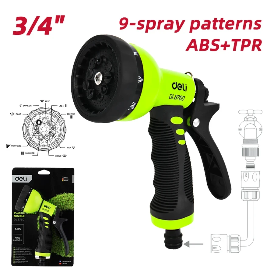 EDL8760 Multi-Function Spray Nozzle - 9 Adjustable Spray Patterns, High-Impact ABS Body, TPR Insulated Soft Grip, Fits 3/4" Adaptor (Green)