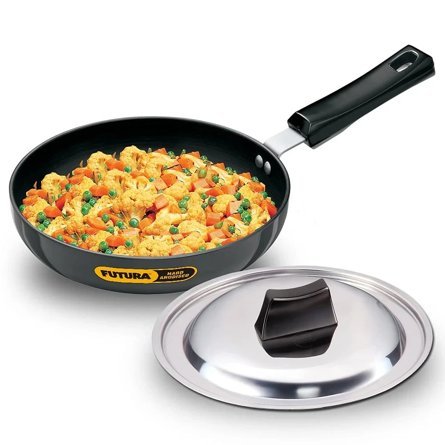 Hawkins AF22RS 22cm Hard Anodised Frying Pan | Rounded Sides | 4.06mm Thick | 18/8 Stainless Steel Lid | Stay-Cool Handle | Black