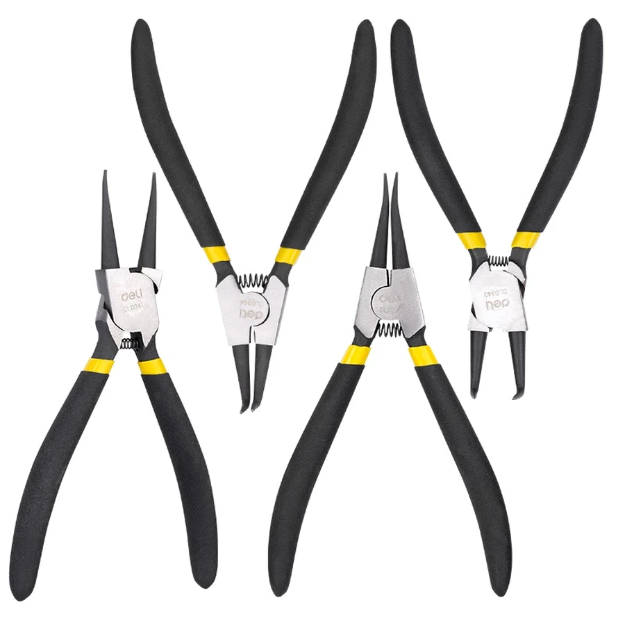 EDL104407 Professional 4-Piece Circlip Pliers Set 7" - Drop Forged 40Cr Steel, Anti-Slip Dual-Color Grips, Essential Internal/External Snap Ring Tool