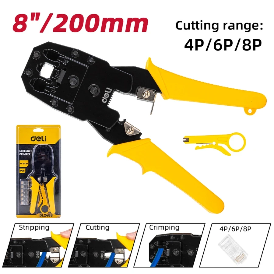 EDL2468 Professional Ethernet Crimper 4/6/8P - Multi-Function Tool for Cutting, Stripping & Crimping RJ45/RJ11, Durable Cold-Rolled Steel with PVC Grip (YELLOW)
