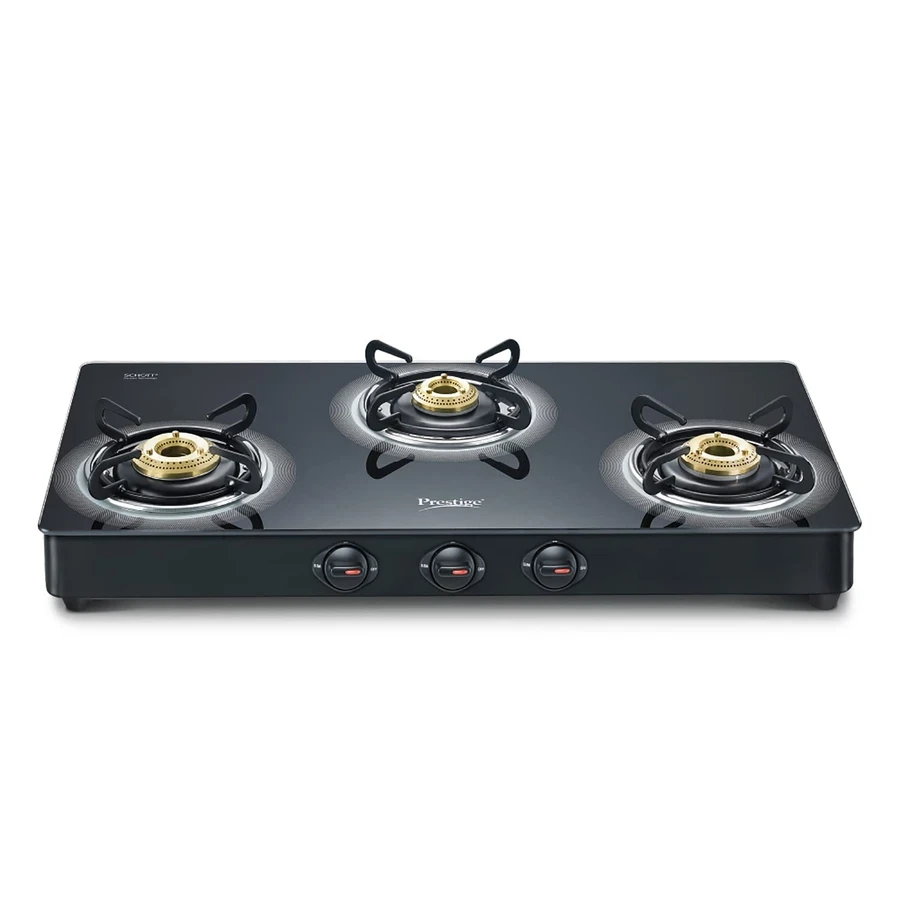 Prestige 40513 Royale Plus Glasstop Gas Stove | 3 Tri-Pin Brass Burners | SCHOTT Glass | Italian SABAF Valves | Black