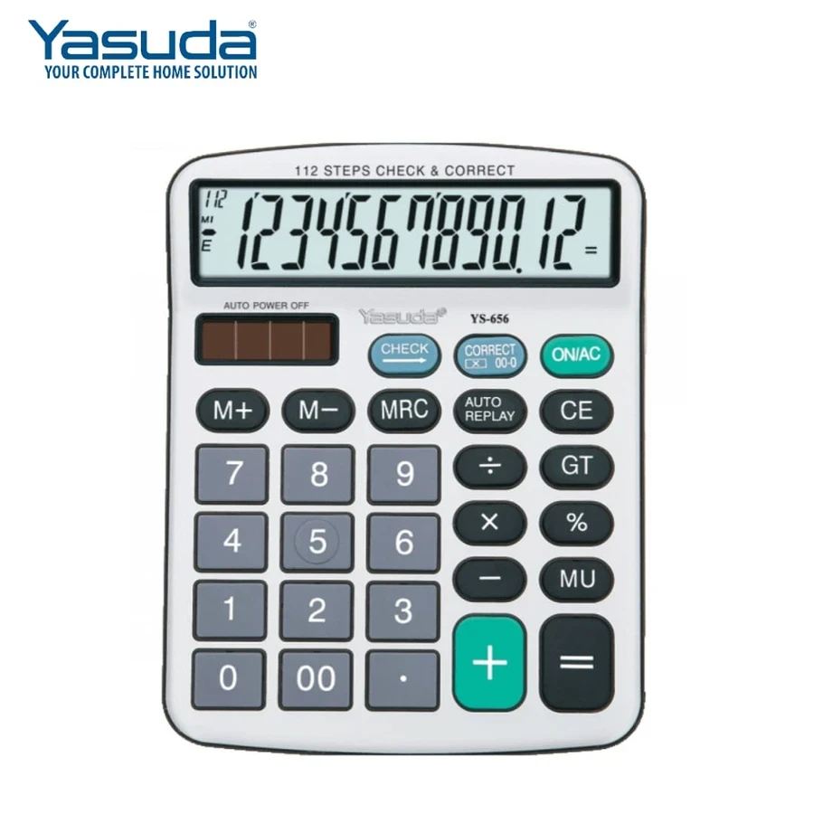 Yasuda YS-656 Business Calculator - 12 Digits, Extra Large Display, Dual Power Solar/Battery, Tax & Check/Correct Functions