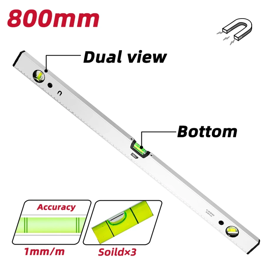 EDL700800B Professional Magnetic Spirit Level 800mm - Aluminum Body, CNC Machined 1mm/m Accuracy Vials, Shock-Proof Ends (Yellow)