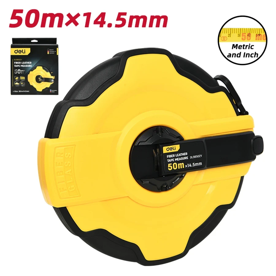 EDL9850ZY Professional Fiberglass Measuring Tape 50m x 14.5mm - High Tensile Strength, PVC Coated, Metric & Imperial Scale, Class II Accuracy (Yellow Housing)