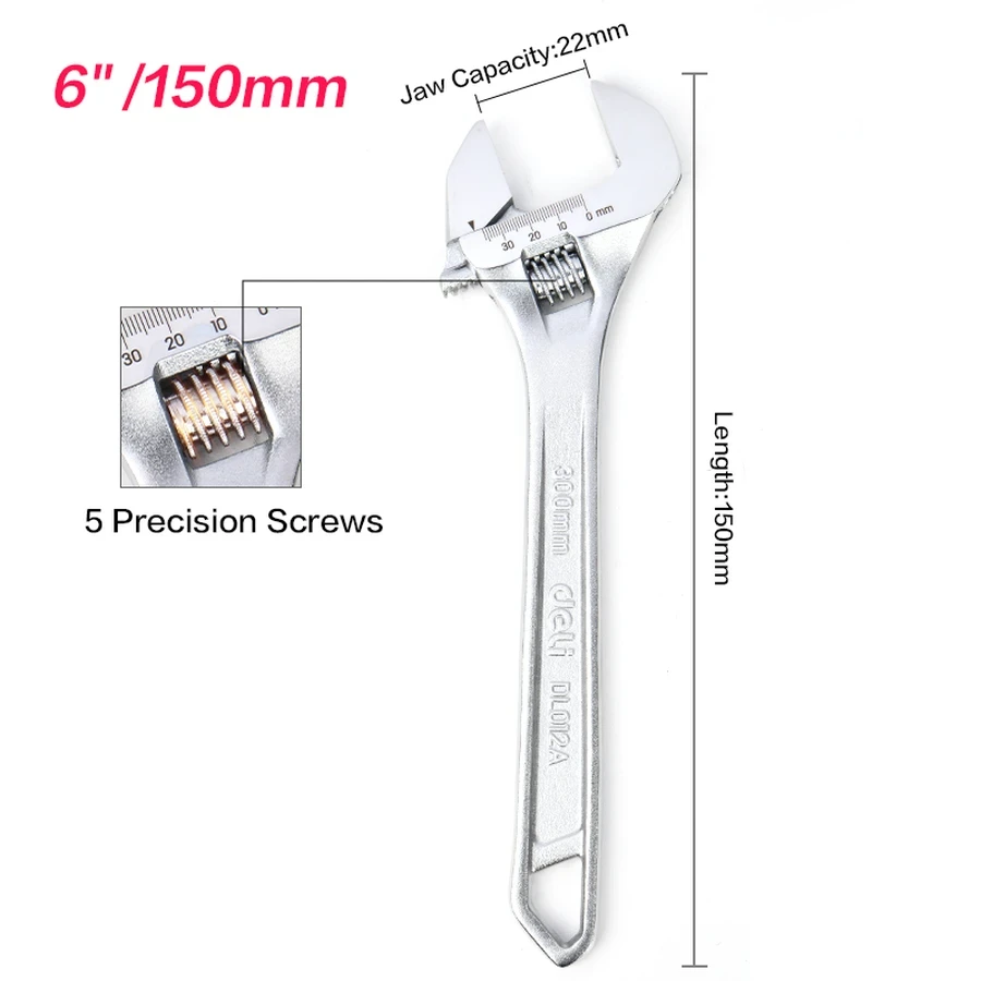 EDL006A Adjustable Spanner 6" - Carbon Steel, Chrome Plated, Laser-Etched Scale, Precision Knurl Mechanism for Small Tasks (Silver)
