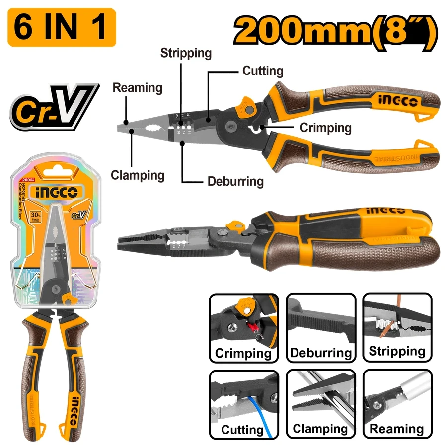 6-in-1 Multi-function Long Nose Pliers | HPK82001 | 8" (200mm) | Chrome Vanadium (Cr-V)