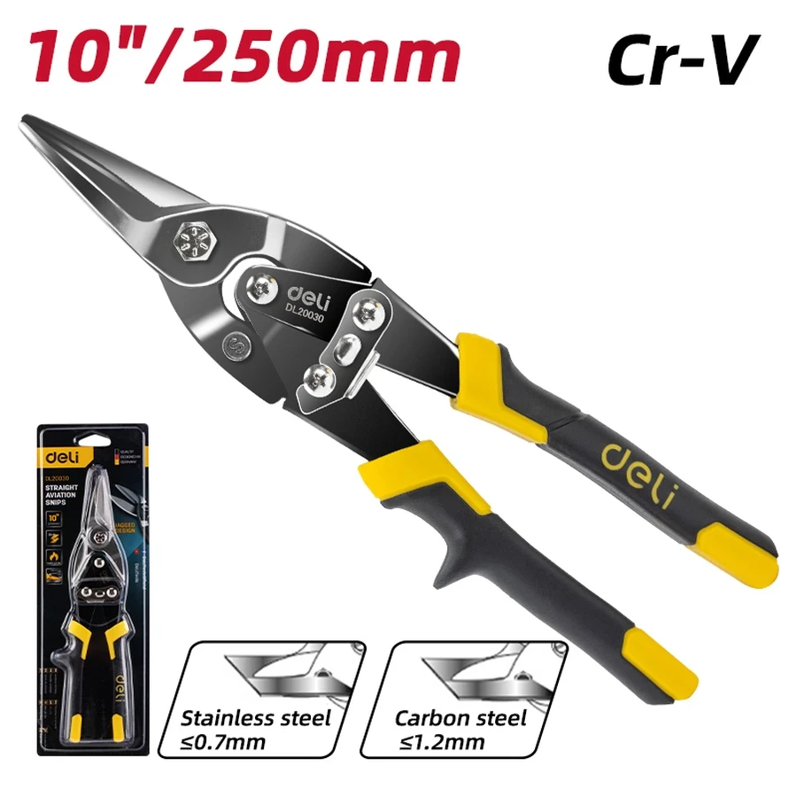 EDL20030 Professional Aviation Snips 250mm - Cr-V Quenched Blade, Cuts 1.2mm Cold Rolled/0.7mm Stainless Steel, Serrated Jaws, Dual-Color Grip (Yellow)