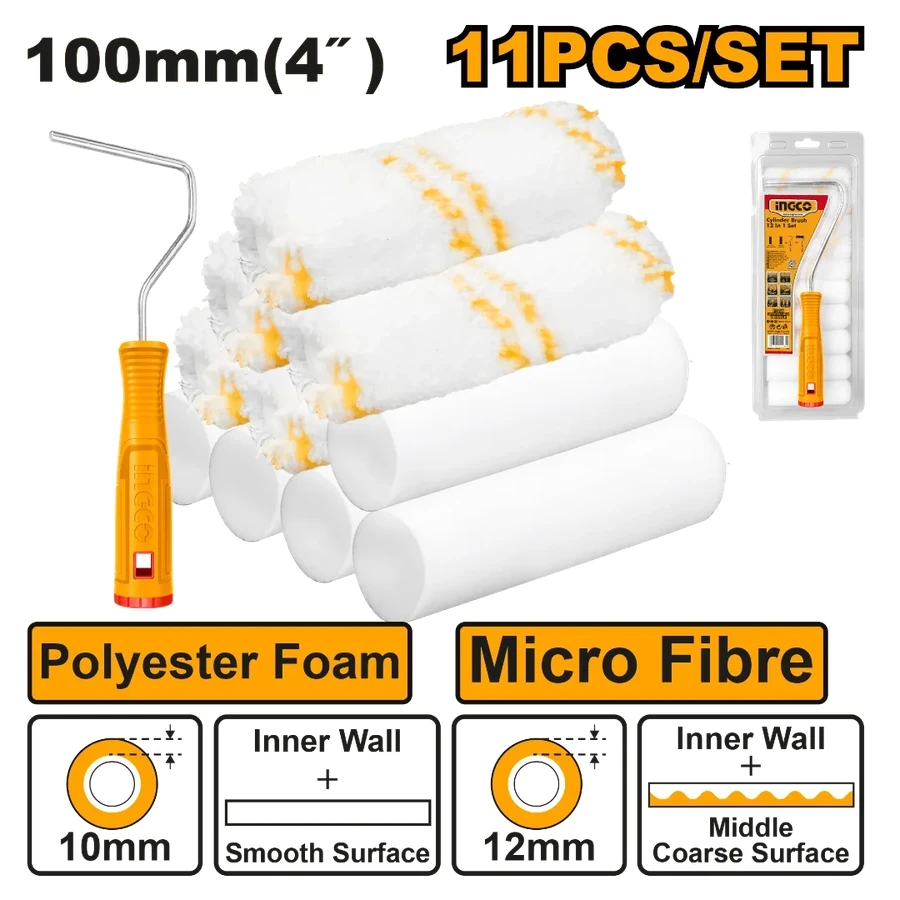 INGCO 11-in-1 Cylinder Brush Set | 4" Mini Roller Kit | HKTCB121001