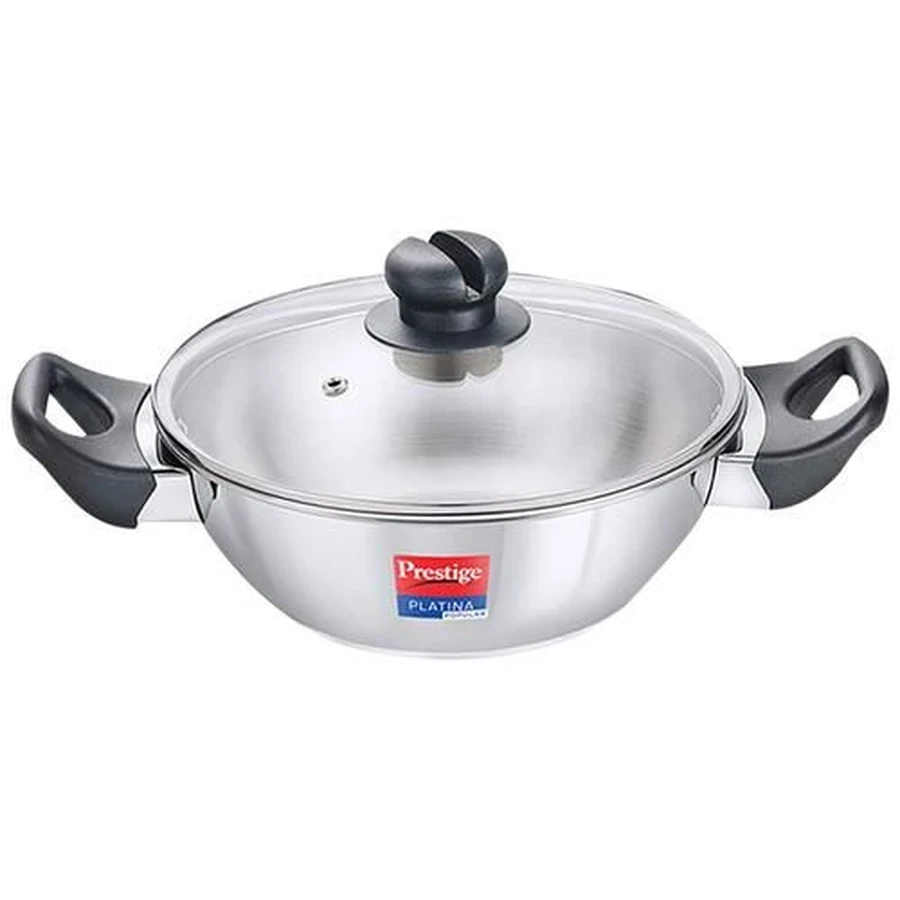 Prestige 36160 Platina Popular Kadai 260mm | 3.7 Litre Stainless Steel | Impact Forged Bottom | Induction & Gas Compatible | SS Lid | Silver