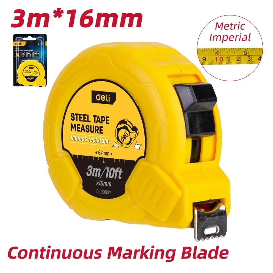 EDL9003Y Compact Steel Measuring Tape 3m/10ft x 16mm - 1.2m Blade Standout, Automatic Lock, Shock-Resistant ABS Housing (Yellow)