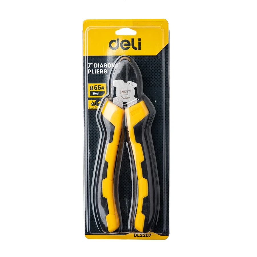Deli EDL2207 Diagonal Pliers 7 inch - Forged 55# Carbon Steel, 54-62 HRC Cutting Edge Hardness, High-Frequency Quenched, Ergonomic Dual-Color PVC Handles (YELLOW+BLACK)