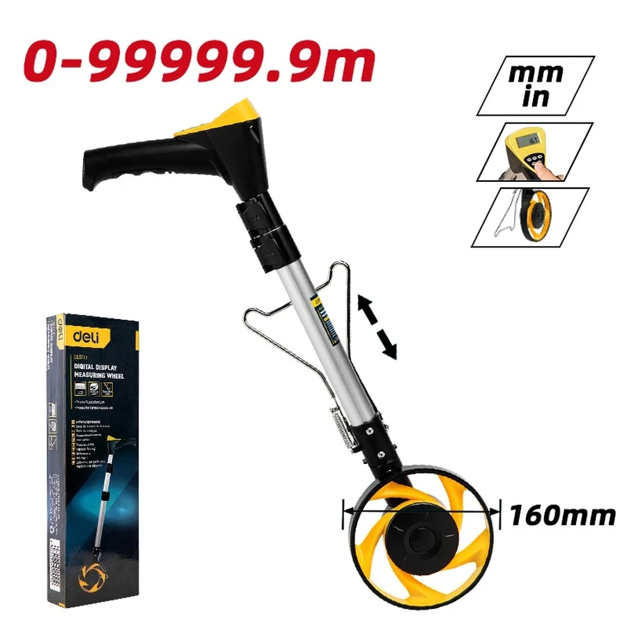 EDL9713 Digital Distance Measuring Wheel 150mm (6") - Metric/Imperial Switch, Large LCD with 5 Data Storage Sets, 3-Stage Aluminum Folding Handle (Yellow)