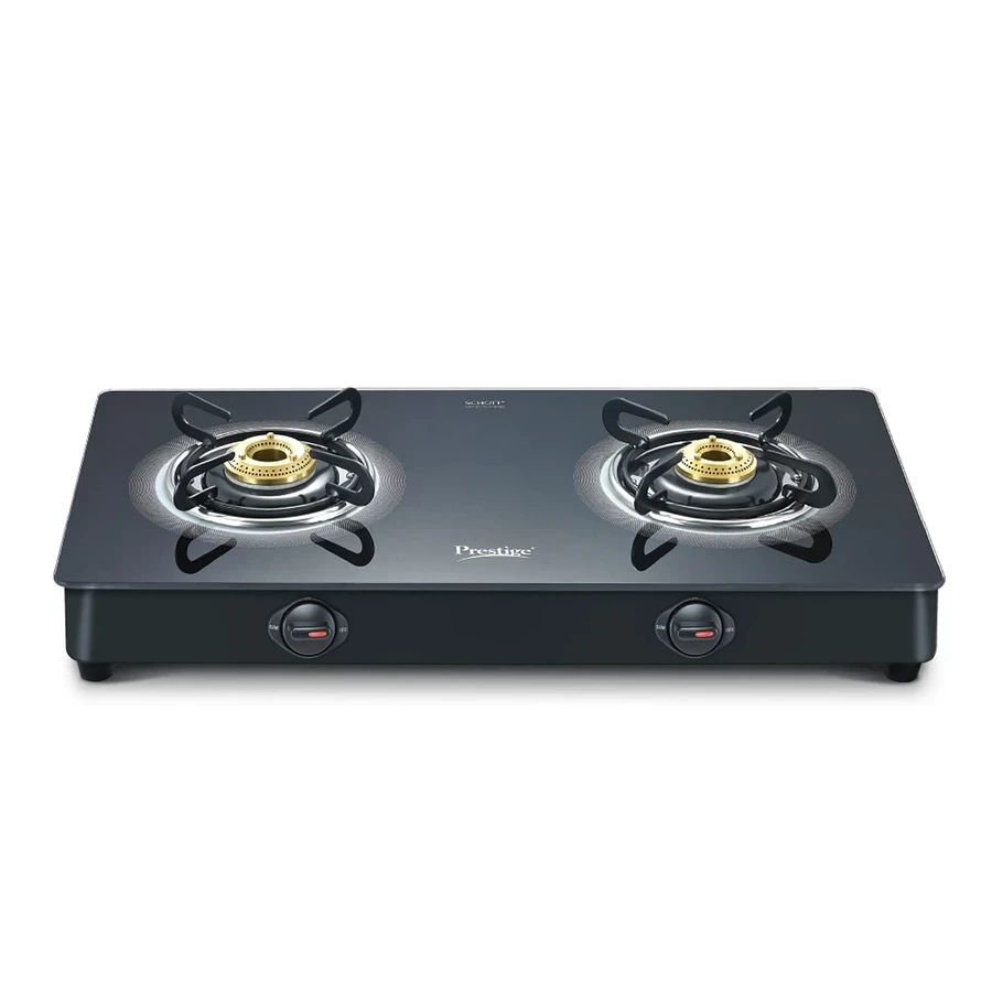 Prestige 40512 Royale Plus Glasstop Gas Stove | 2 Tri-Pin Brass Burners | SCHOTT Glass | Italian SABAF Valves | Black
