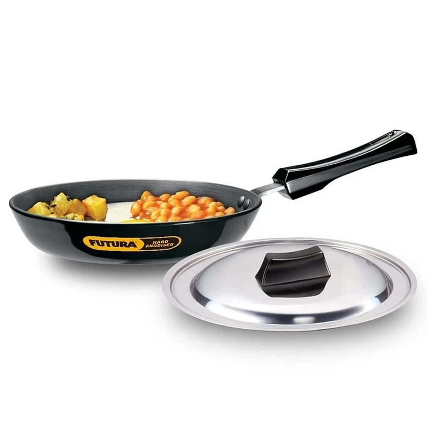 Hawkins AF22S 22cm Hard Anodised Frying Pan | 4.06mm Extra Thick | Stainless Steel Lid | Metal Spoon Friendly | Black