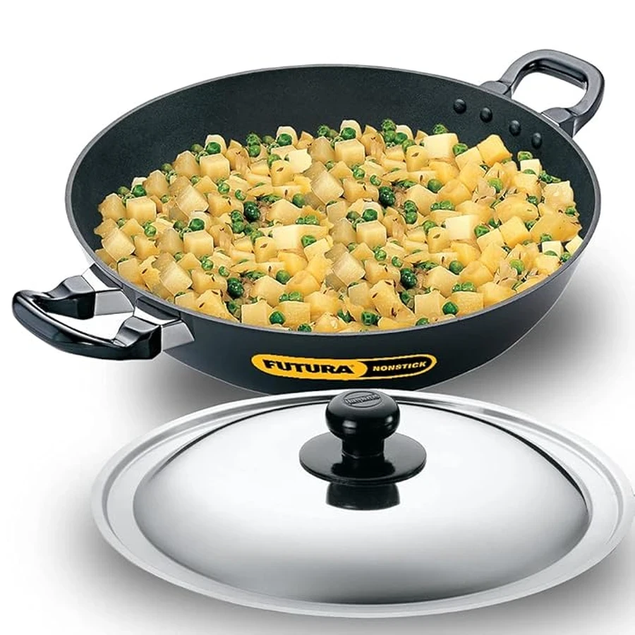 Hawkins NK40S Nonstick Deep Fry Pan (Kadhai) | 4 Liters | Round Bottom | 3.25mm Extra Thick | Stainless Steel Lid | Black