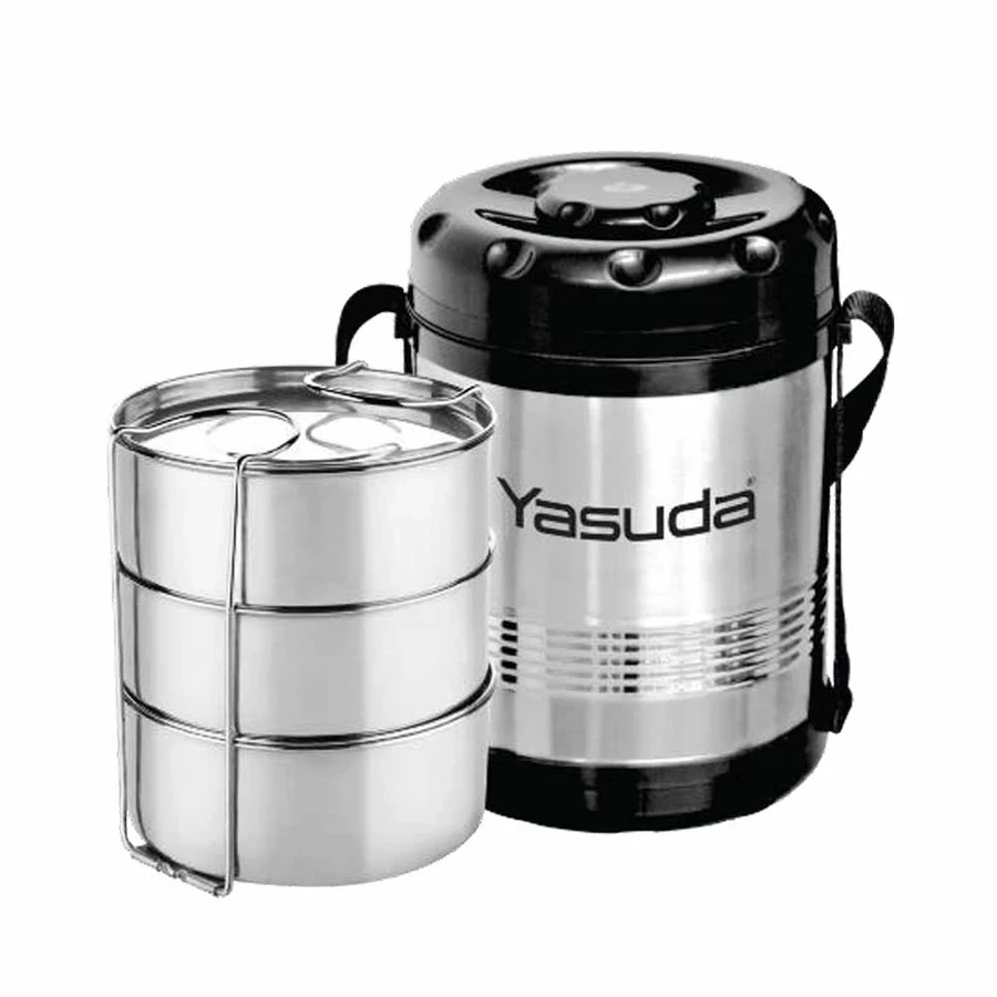 Yasuda YS-LB3S SLEEK Insulated Stainless Steel Lunch Box (3 Containers - 300ml Each) | Airtight & Spill-Proof Thermal Tiffin with Integrated Carrying Belt