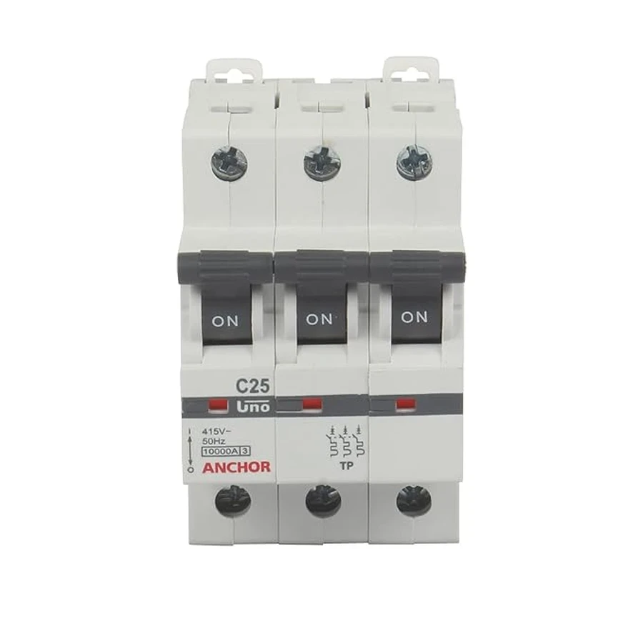 Anchor UNO TP MCB 25A 'C' Curve 98029 - Three Pole, Medium Current Capacity, Clamp Mount Standard Circuit Breaker