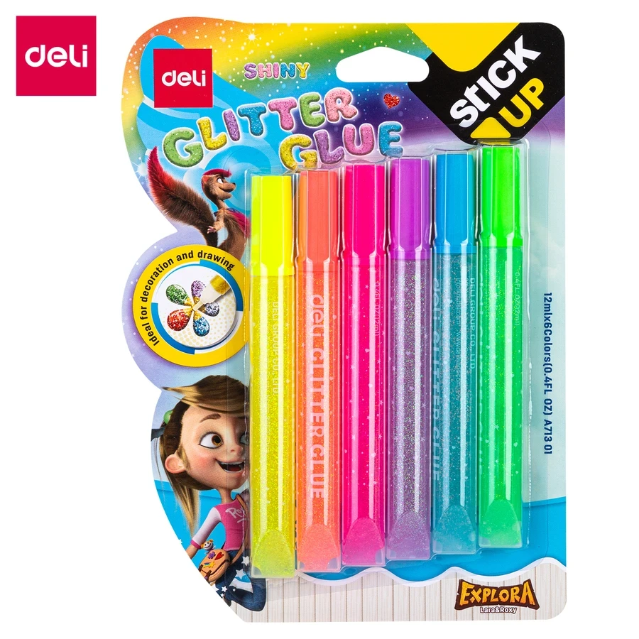 Deli A71301 Shinny Glitter Glue Set - 6 Vibrant Sparkling Colors for Drawing and Decoration, 12ml Individual Tubes for Kids and Crafters