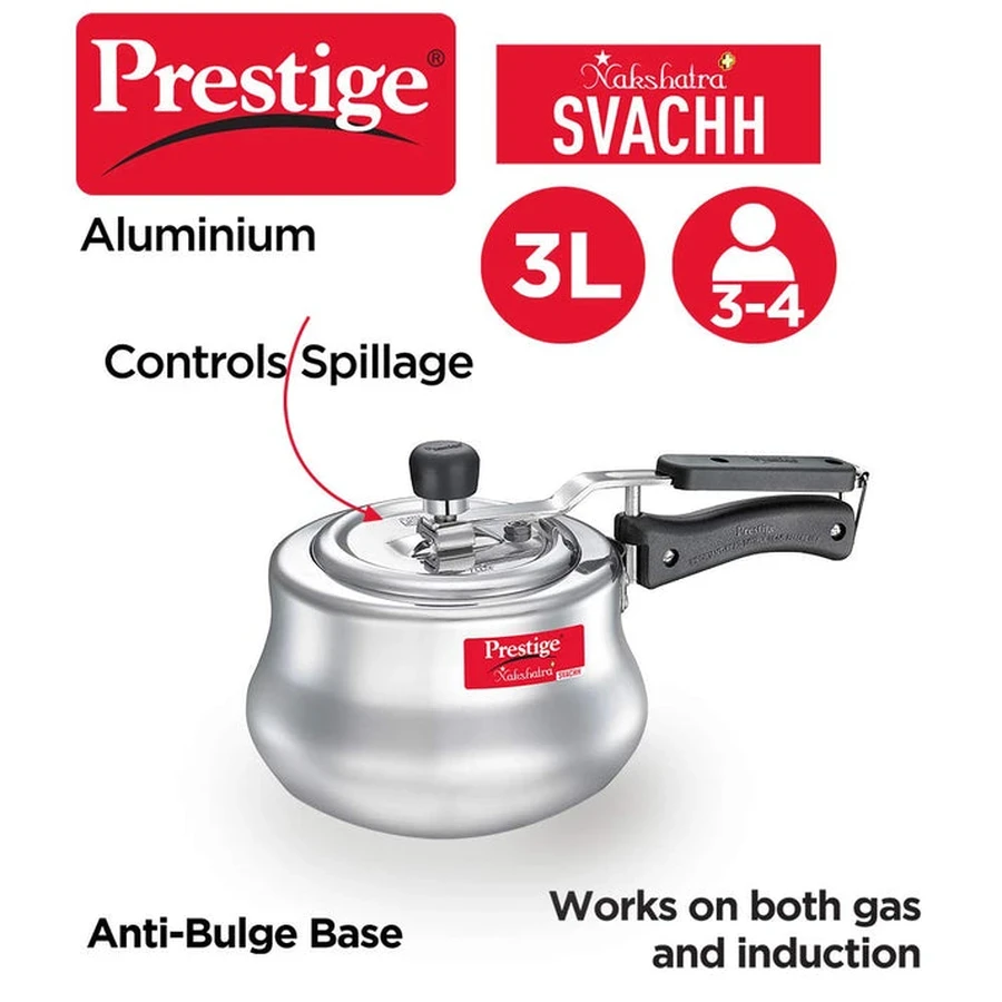 Prestige 10756 Nakshatra Plus Svachh Handi | 3 LTRS | High-Grade Aluminium | Deep Svachh Spillage Control Lid, Metallic Safety Plug, Gas & Induction Compatible