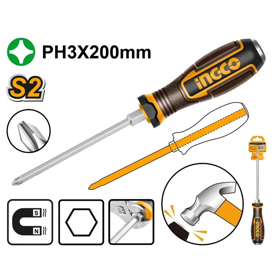 Heavy-Duty Phillips Go-Through Screwdriver | HGTPH3200 | S2 Steel | 8mm Hex Shank