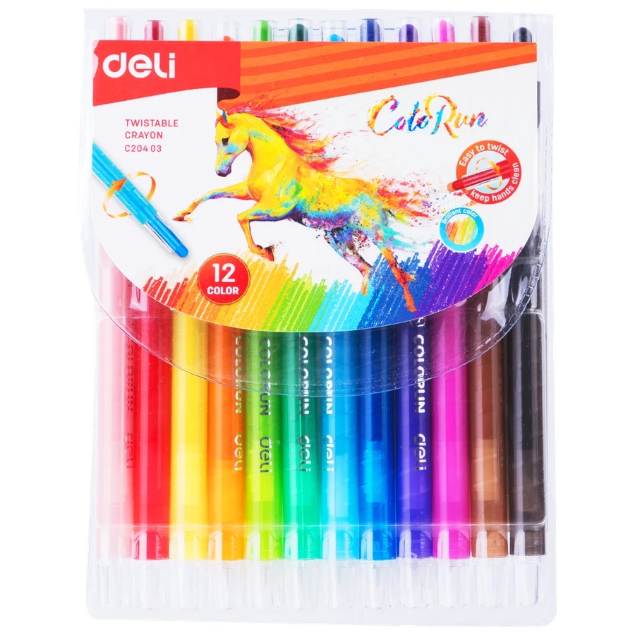 Deli Twist Crayon Set EC20403 - 12 Brilliant Colors, Easy to Twist Mechanism, Round Barrel, and Clean Hands Design