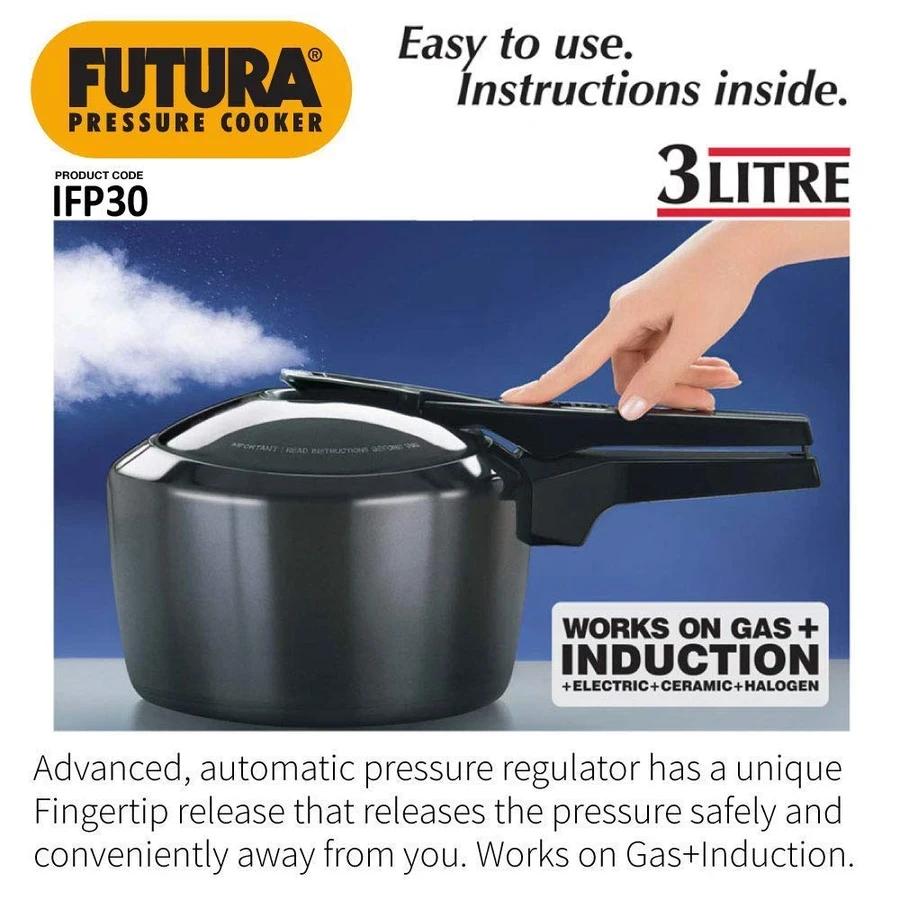 Hawkins IFP30 3L Hard Anodised Futura Pressure Cooker | 60 Micron Anodised | Induction Compatible | Black