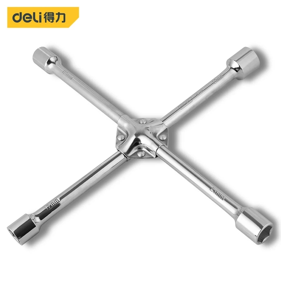 DL4416 Heavy-Duty Automotive 4-Way Cross Wrench - Metric 17mm, 19mm, 21mm, 23mm Sockets, High-Torque Wheel Nut Remover, Essential for Tire Changes