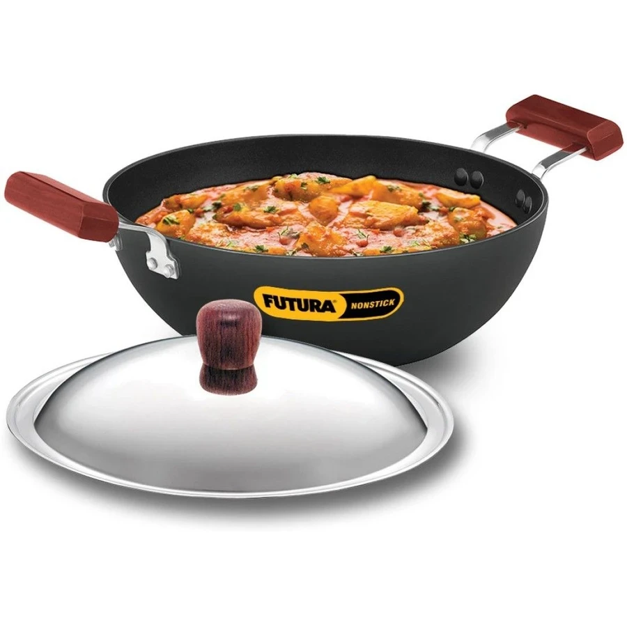 Hawkins INK35S 3.5L Futura Non-Stick Induction Deep Kadhai | Hard Anodized | Rosewood Handles | Stainless Steel Lid | Black