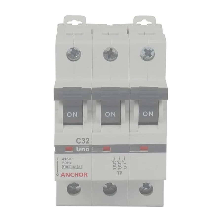 Anchor UNO TP MCB 32A 'C' Curve 98030 - Three Pole, Medium Current Capacity, Screw Mount Standard Circuit Breaker