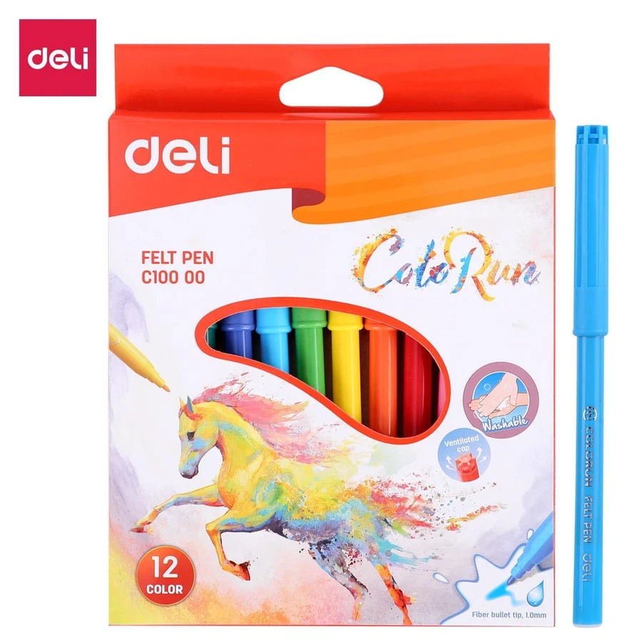 Deli 12-Color School Coloring Felt Pens | 2.0mm Fiber Tip | Washable & Low-Odor | EC10000