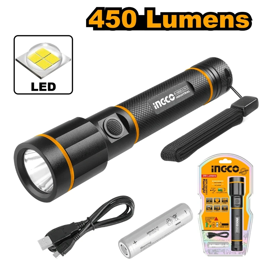 INGCO Cordless Rechargeable LED Flashlight | 450 Lumens | 5 Light Modes | HFLI2001