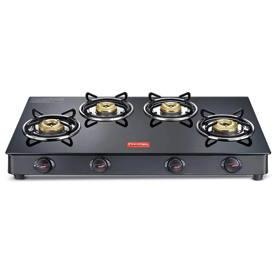 Prestige 40360 Magic GTMC 04 Gas Stove | 4 Tri-Pin Brass Burners | 6mm Toughened Glass | Spill-Proof Design | Black