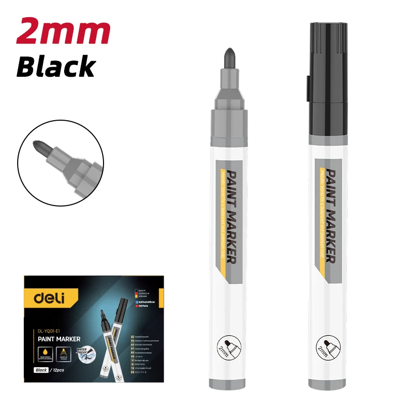 Deli Permanent Marker (EDL-YQ01-E1) - Black, 2mm Bullet Tip, Waterproof, Quick-Drying, Low Odor, Super Long Writing Distance, Multi-Surface Use