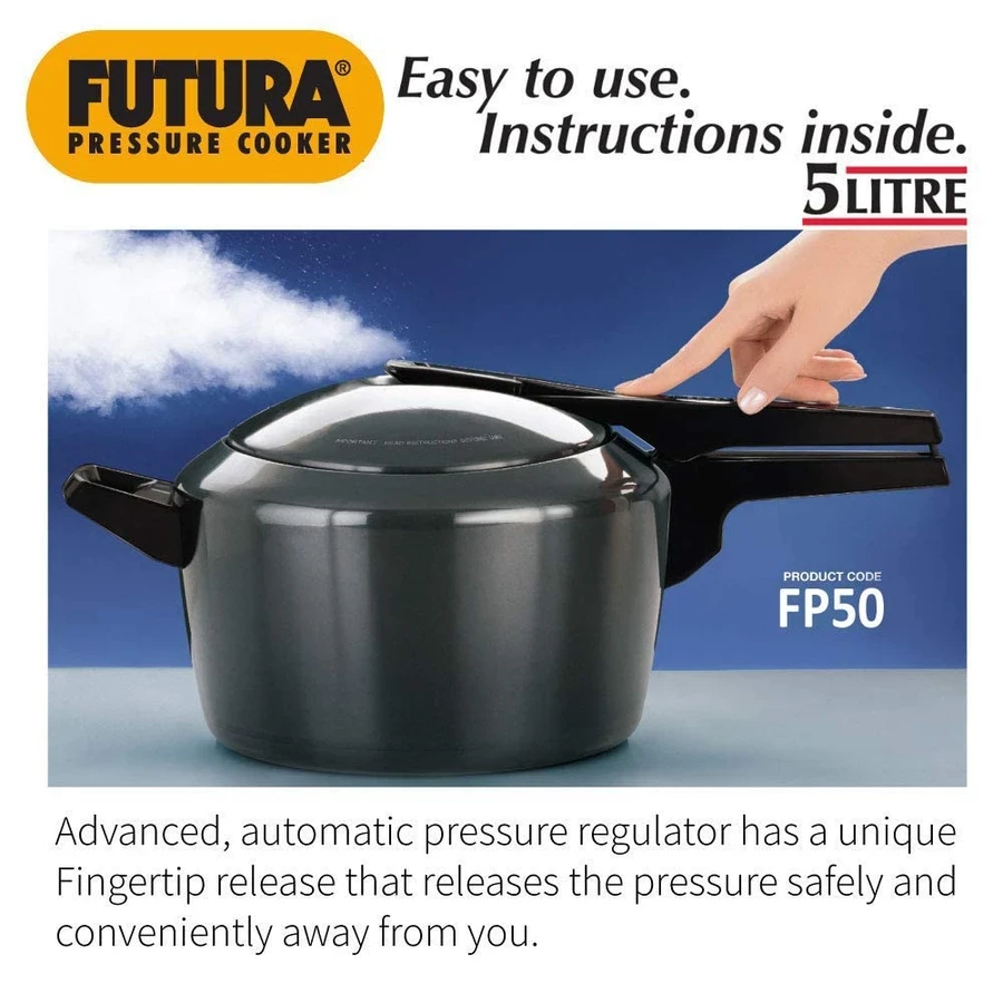Hawkins FP50 5L Hard Anodised Futura Pressure Cooker | 6.35mm Thick Base | Fingertip Steam Release | Black | Gas & Electric Compatible