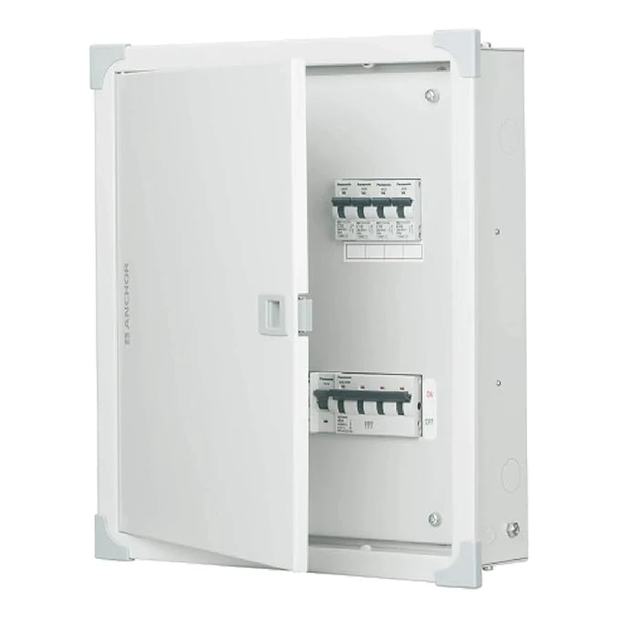 Anchor 98307 TPN Double Door Distribution Board 8 Way - Three Phase Neutral, CRCA Steel, Powder Coated, Compact Circuit Protection and Organization for Commercial Use