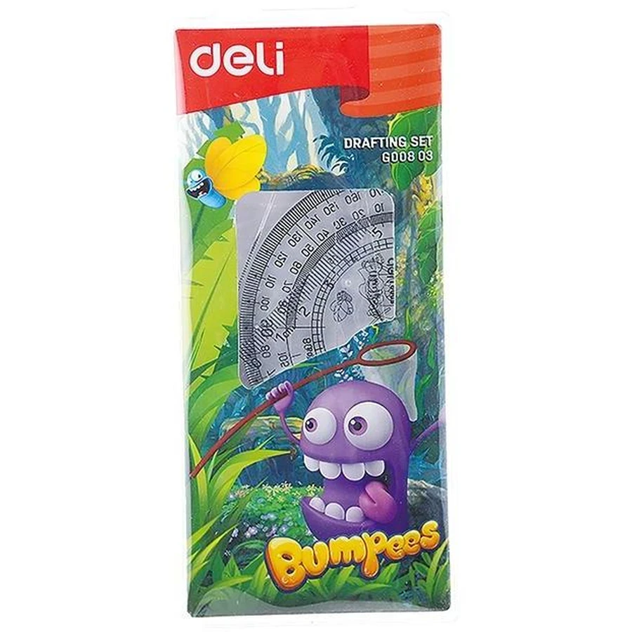 Deli Bumpees 4-Piece Drafting Set (G00803) - Lightweight 80g Geometry Tools, Ruler, Protractor, and Set Squares