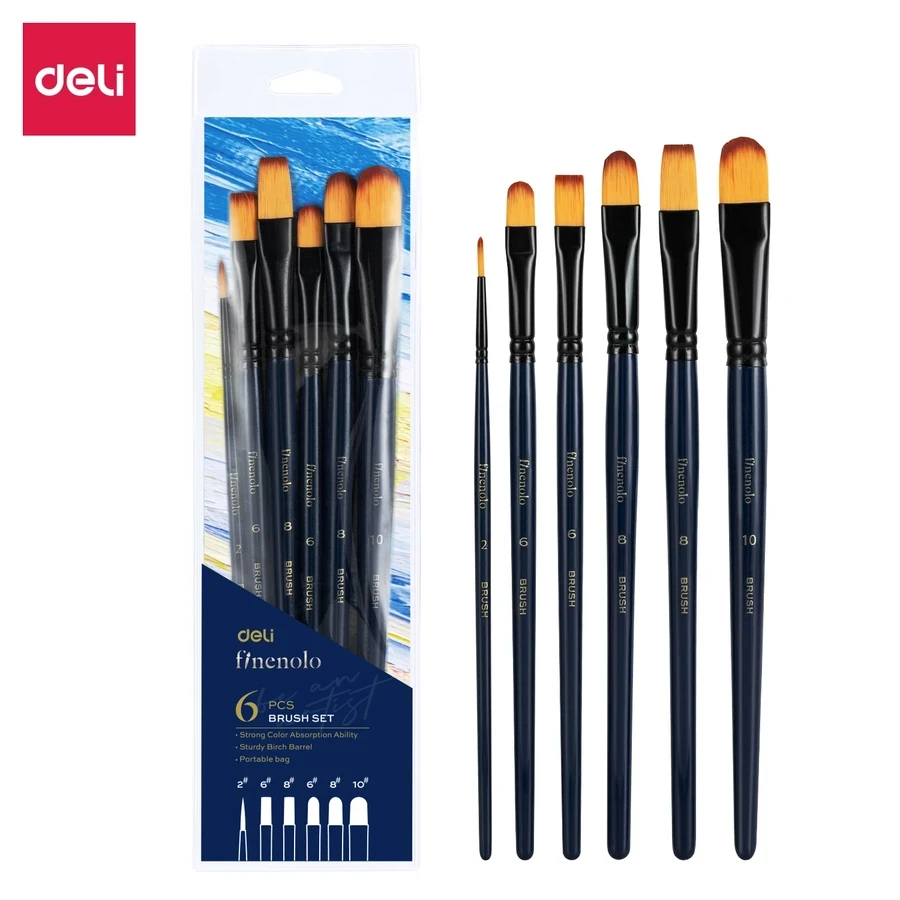 Deli EC278 Propylene Brush Set - 6-Piece Hard Nylon Bristle Artist Brushes with Secure Aluminum Ferrules for Acrylic and Heavy-Body Painting