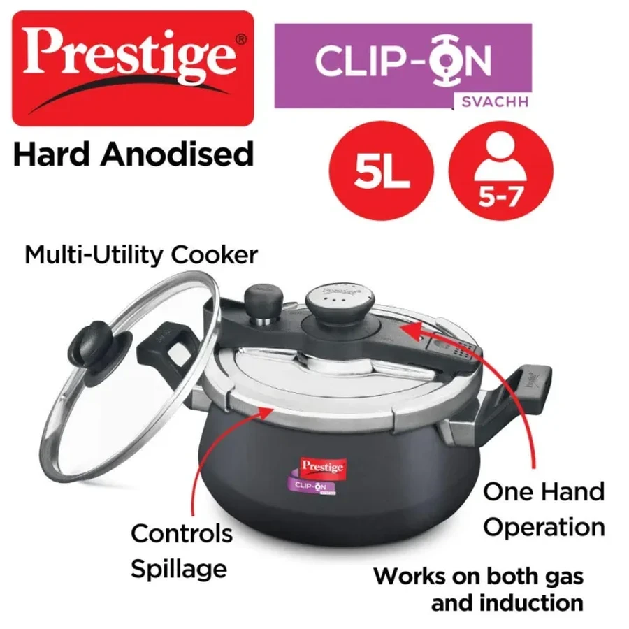Prestige 20235 Clip On Svachh Duo HA Handi | 5 Litres | 22 CM | Hard Anodized | One-Hand Operation | Gas & Induction Compatible