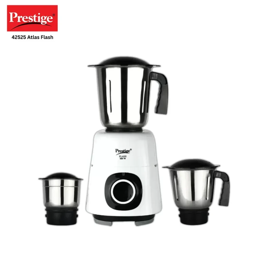 Prestige 42525 Atlas Flash Mixer Grinder 500 Watts | 3 Stainless Steel Jars | Superior Plastic Body | Non-Slip Feet | White