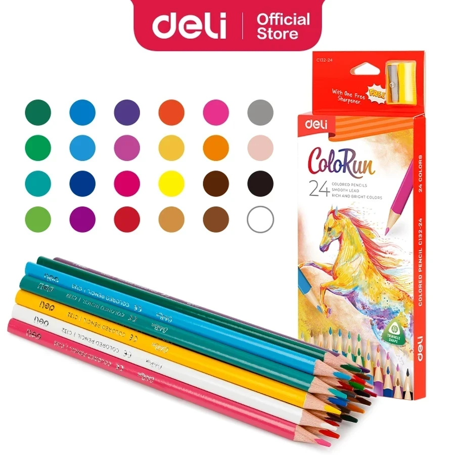 Deli EC132-24 Colored Pencil Set - 24 Colors, Triangular Barrel for Ergonomic Grip, 8 mm x 175 mm Size
