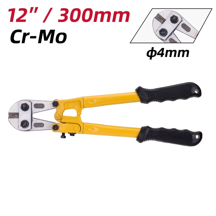 EDL2687 Heavy-Duty Bolt Cutter 12" - Cr-Mo Blade (56HRC), High Shear Sharpness (30HRC), Two-Tone TPR Anti-Slip Handles (Yellow)